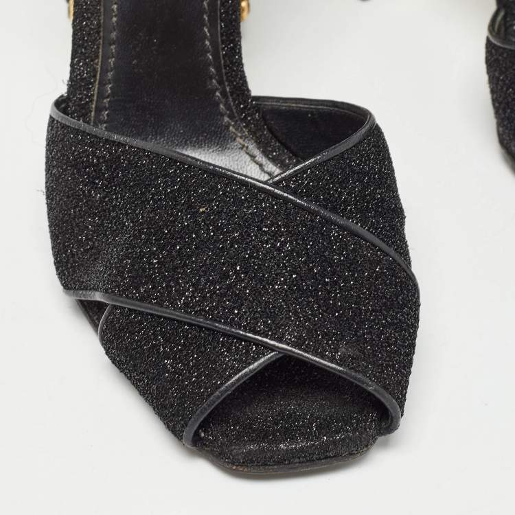 Pre Owned Dolce & Gabbana Black Lurex Fabric Crystal Embellished Block Heel Ankle Strap Sandals Size 37
