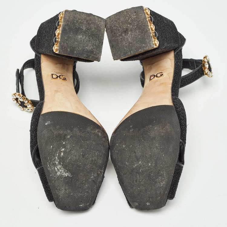 Pre Owned Dolce & Gabbana Black Lurex Fabric Crystal Embellished Block Heel Ankle Strap Sandals Size 37