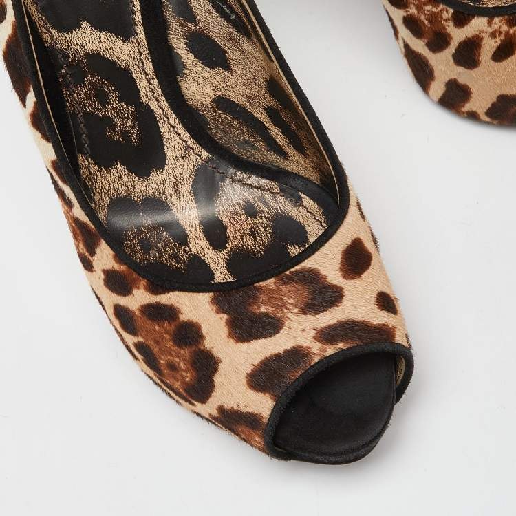 Pre Owned Dolce & Gabbana Beige/Brown Leopard Print Calfhair Peep Toe Pumps Size 39