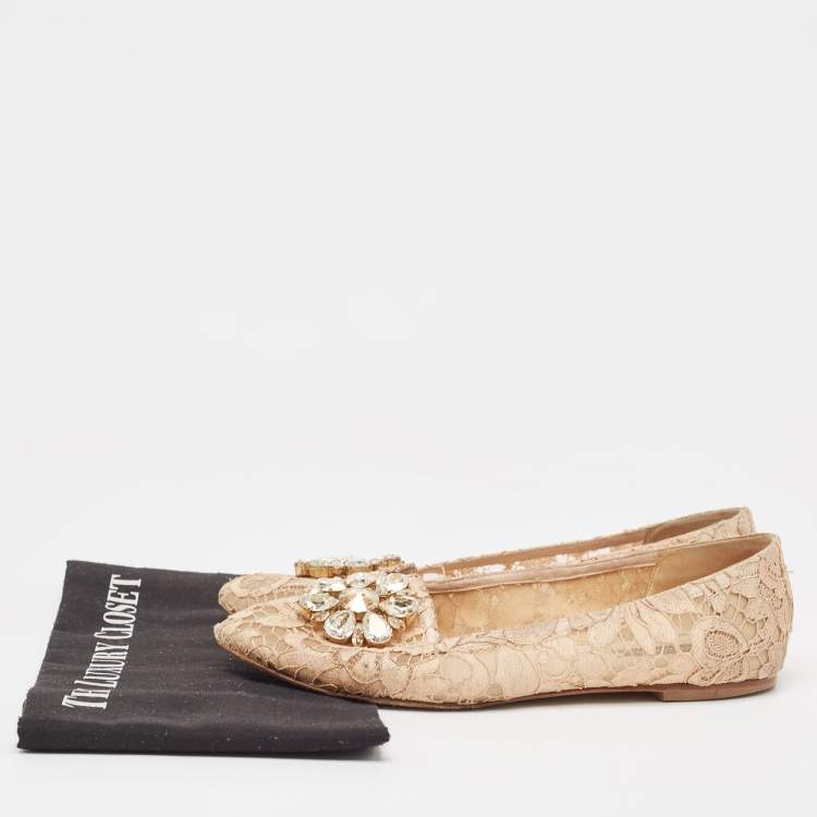 Pre Owned Dolce & Gabbana Beige Lace Crystal Embellished Taormina Smoking Slippers Size 39
