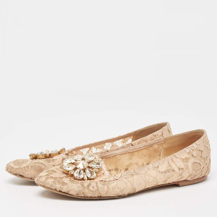Pre Owned Dolce & Gabbana Beige Lace Crystal Embellished Taormina Smoking Slippers Size 39