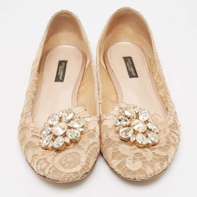 Pre Owned Dolce & Gabbana Beige Lace Crystal Embellished Taormina Smoking Slippers Size 39