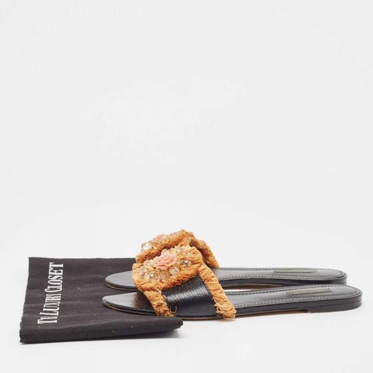 Pre Owned Dolce & Gabbana Black Embossed Lizard and Raffia Crystal Embellished Flat Slides Size 40