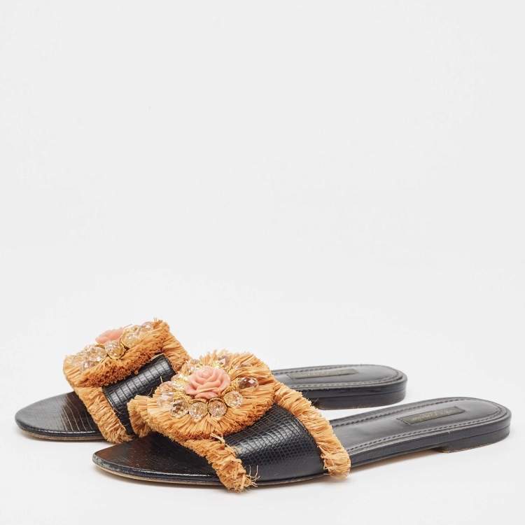 Pre Owned Dolce & Gabbana Black Embossed Lizard and Raffia Crystal Embellished Flat Slides Size 40