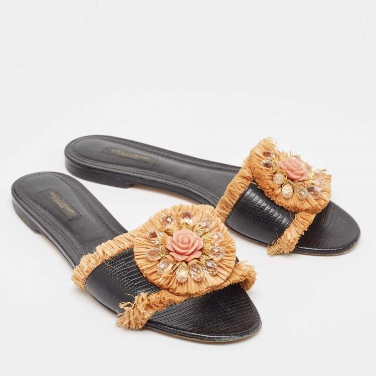 Pre Owned Dolce & Gabbana Black Embossed Lizard and Raffia Crystal Embellished Flat Slides Size 40