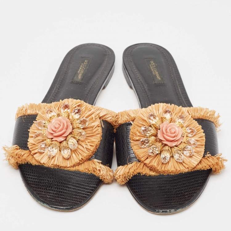 Pre Owned Dolce & Gabbana Black Embossed Lizard and Raffia Crystal Embellished Flat Slides Size 40