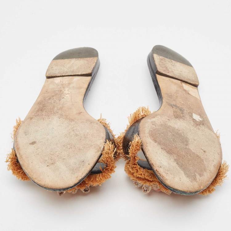 Pre Owned Dolce & Gabbana Black Embossed Lizard and Raffia Crystal Embellished Flat Slides Size 40