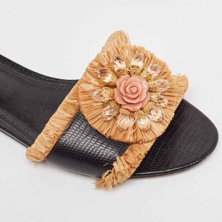 Pre Owned Dolce & Gabbana Black Embossed Lizard and Raffia Crystal Embellished Flat Slides Size 40