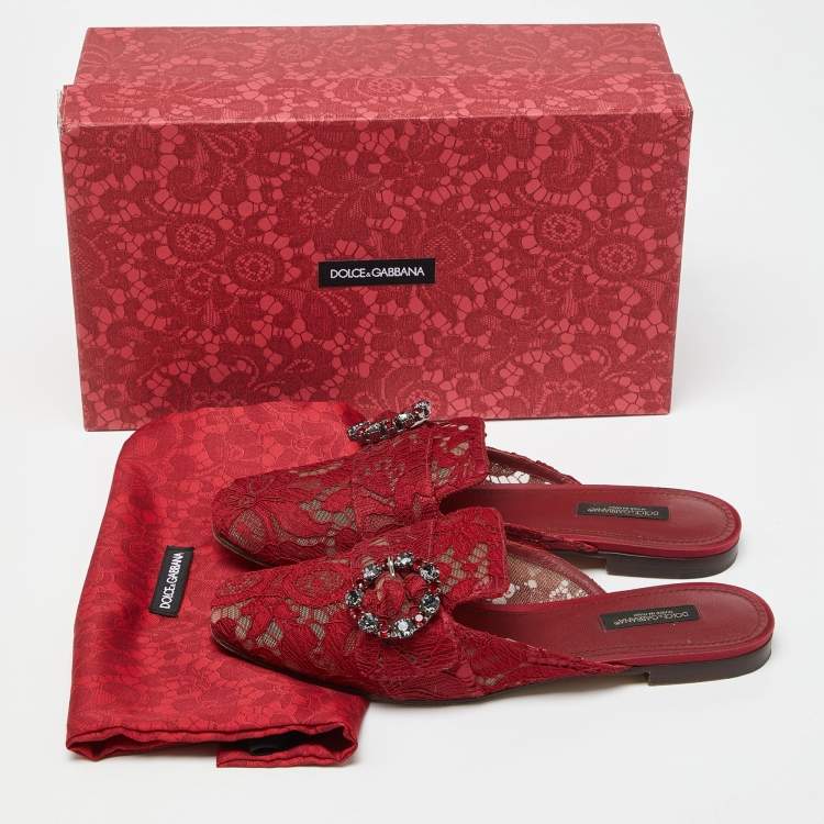 Pre Owned Dolce & Gabbana Red Lace Jackie Crystal Embellished Buckle Flat Mules Size 37.5
