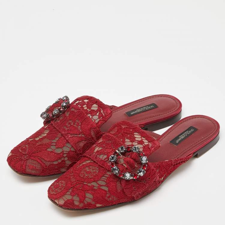 Pre Owned Dolce & Gabbana Red Lace Jackie Crystal Embellished Buckle Flat Mules Size 37.5