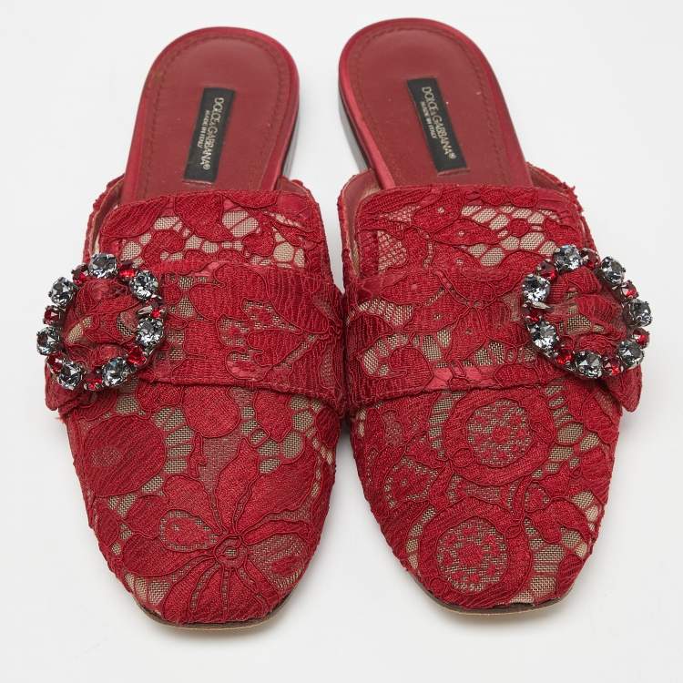 Pre Owned Dolce & Gabbana Red Lace Jackie Crystal Embellished Buckle Flat Mules Size 37.5