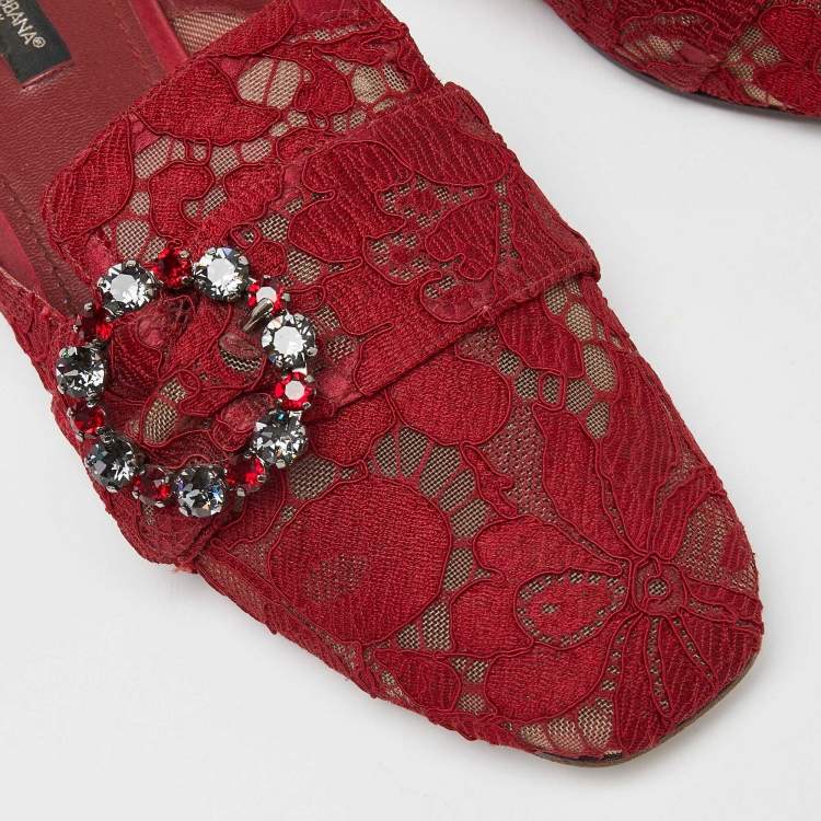 Pre Owned Dolce & Gabbana Red Lace Jackie Crystal Embellished Buckle Flat Mules Size 37.5