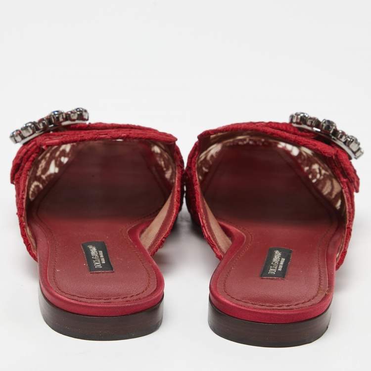 Pre Owned Dolce & Gabbana Red Lace Jackie Crystal Embellished Buckle Flat Mules Size 37.5