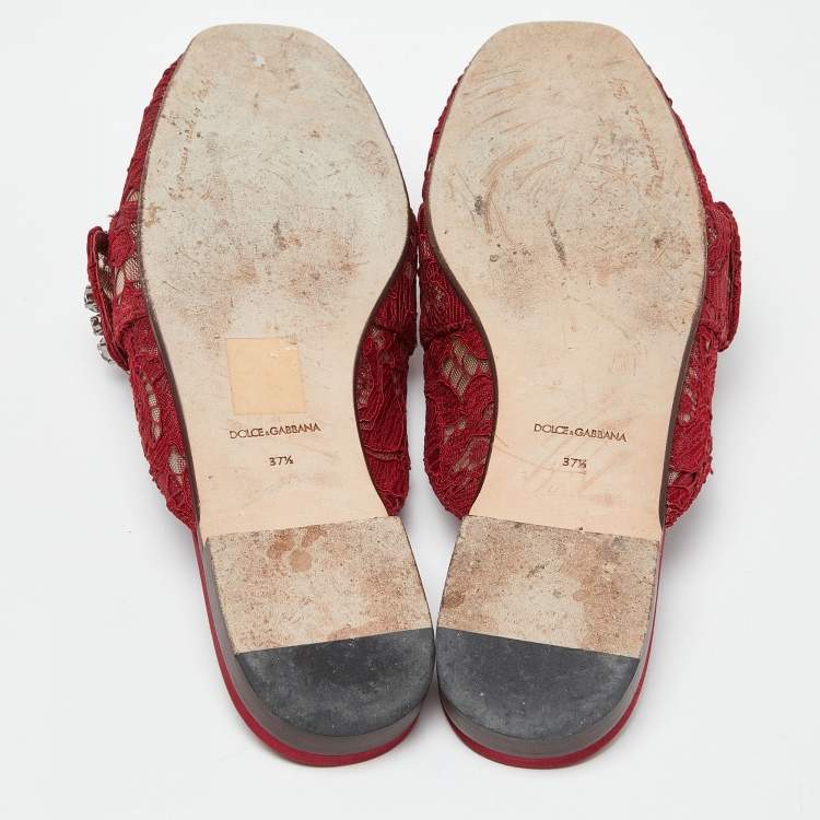 Pre Owned Dolce & Gabbana Red Lace Jackie Crystal Embellished Buckle Flat Mules Size 37.5