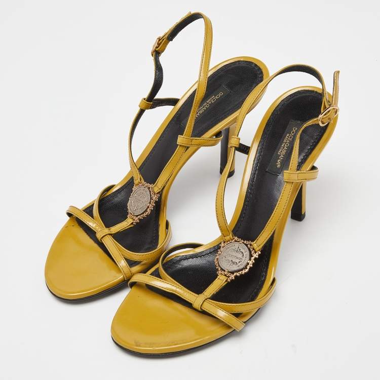 Pre Owned Dolce & Gabbana Yellow Patent Leather Heritage T-Strap Sandals Size 38