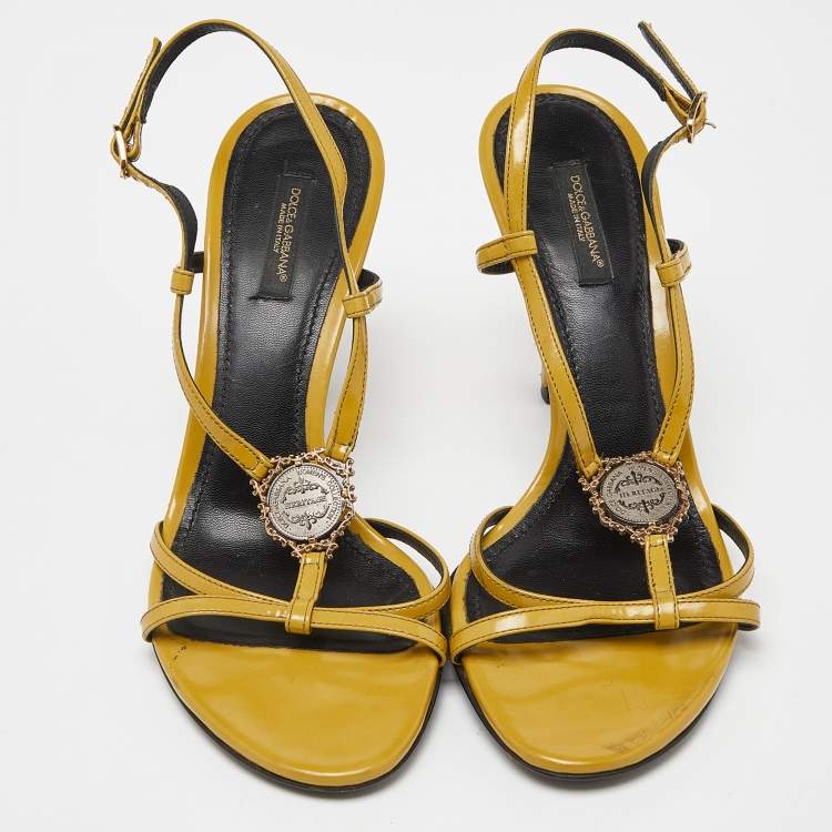 Pre Owned Dolce & Gabbana Yellow Patent Leather Heritage T-Strap Sandals Size 38