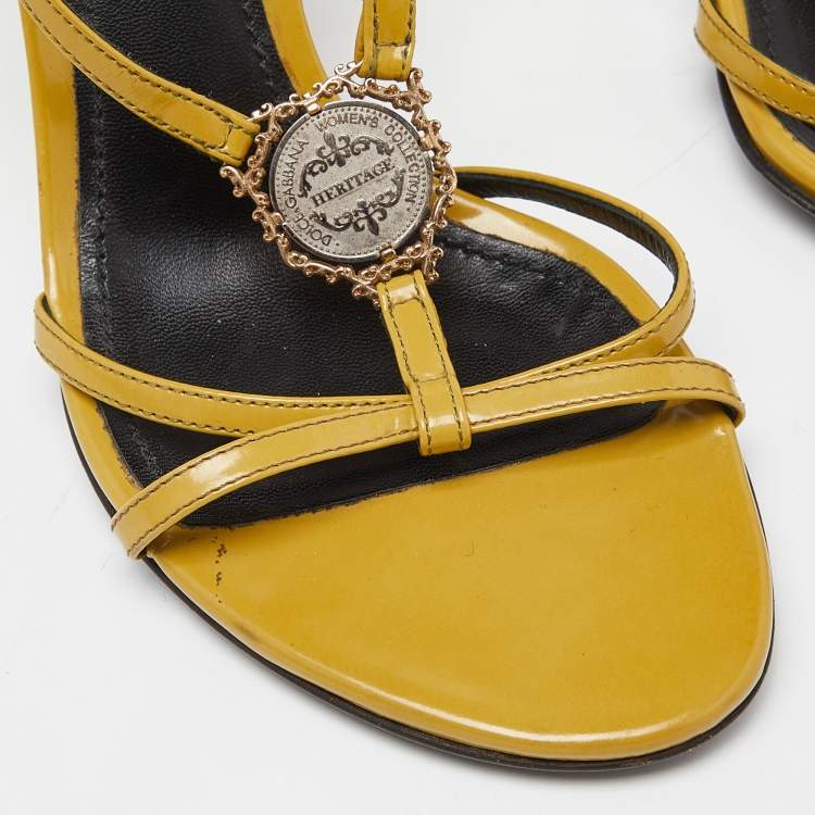 Pre Owned Dolce & Gabbana Yellow Patent Leather Heritage T-Strap Sandals Size 38