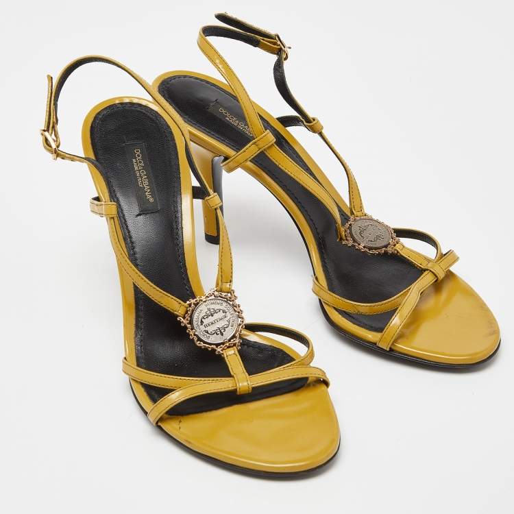 Pre Owned Dolce & Gabbana Yellow Patent Leather Heritage T-Strap Sandals Size 38