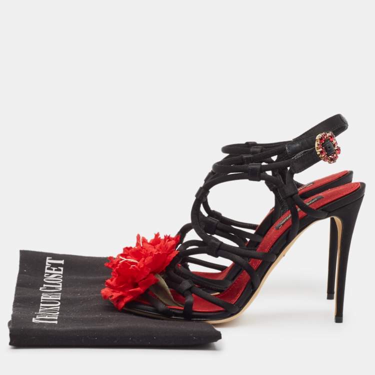 Pre Owned Dolce & Gabbana Black/Red Satin Ankle Strap Sandals Size 36