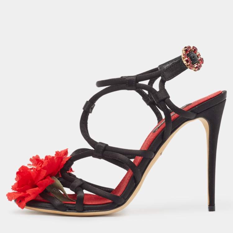 Pre Owned Dolce & Gabbana Black/Red Satin Ankle Strap Sandals Size 36