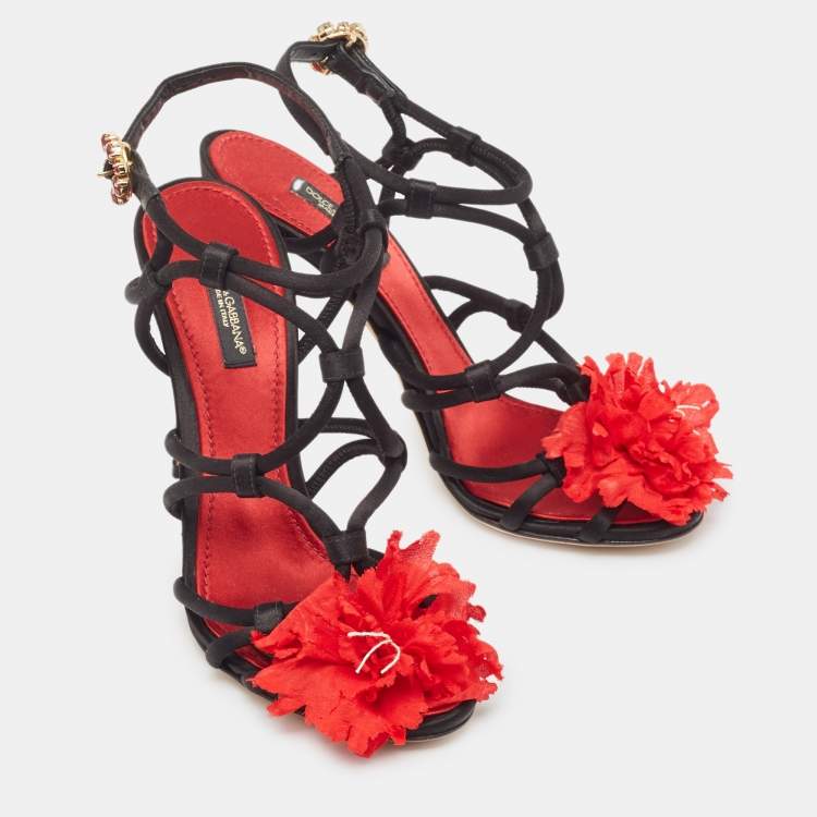 Pre Owned Dolce & Gabbana Black/Red Satin Ankle Strap Sandals Size 36