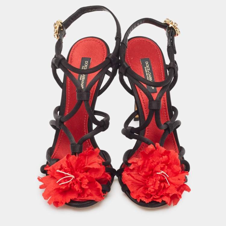 Pre Owned Dolce & Gabbana Black/Red Satin Ankle Strap Sandals Size 36