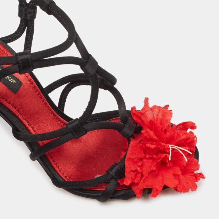 Pre Owned Dolce & Gabbana Black/Red Satin Ankle Strap Sandals Size 36