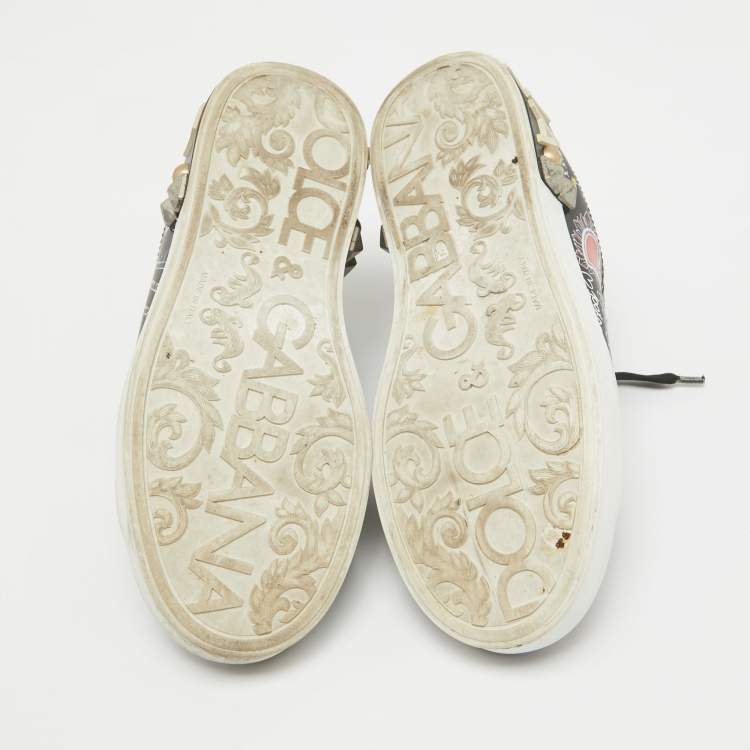 Pre Owned Dolce & Gabbana Black Graffiti Leather Portofino Sneakers Size 36.5