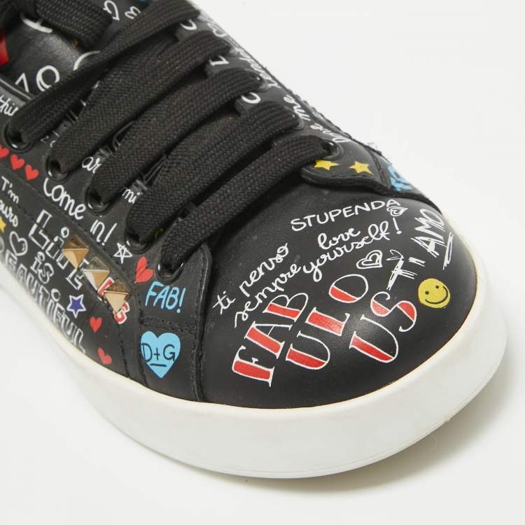 Pre Owned Dolce & Gabbana Black Graffiti Leather Portofino Sneakers Size 36.5