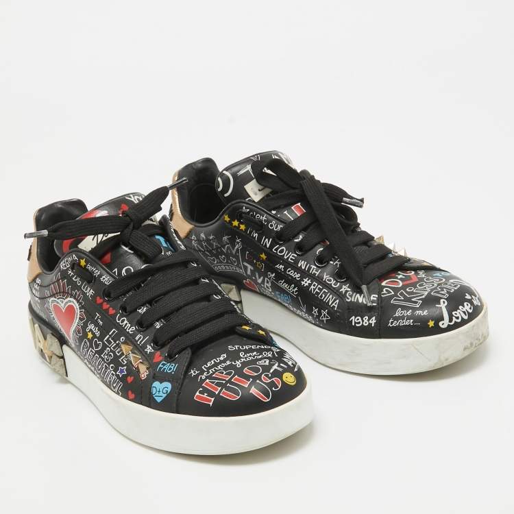 Pre Owned Dolce & Gabbana Black Graffiti Leather Portofino Sneakers Size 36.5