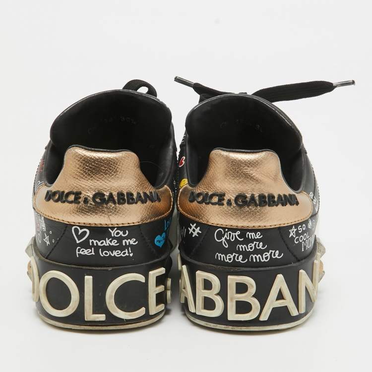 Pre Owned Dolce & Gabbana Black Graffiti Leather Portofino Sneakers Size 36.5