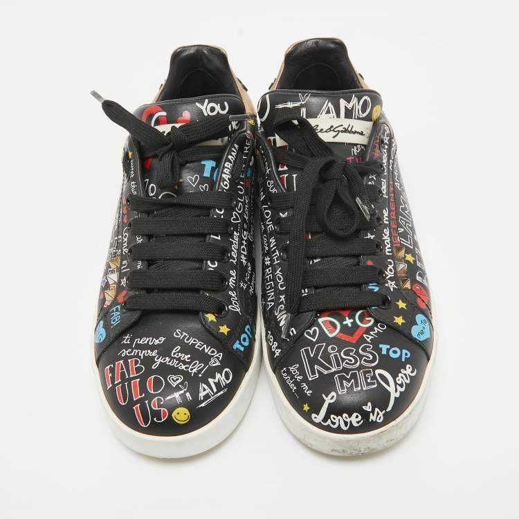 Pre Owned Dolce & Gabbana Black Graffiti Leather Portofino Sneakers Size 36.5
