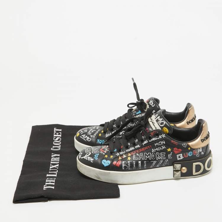 Pre Owned Dolce & Gabbana Black Graffiti Leather Portofino Sneakers Size 36.5