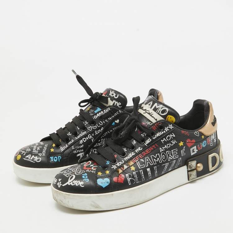 Pre Owned Dolce & Gabbana Black Graffiti Leather Portofino Sneakers Size 36.5