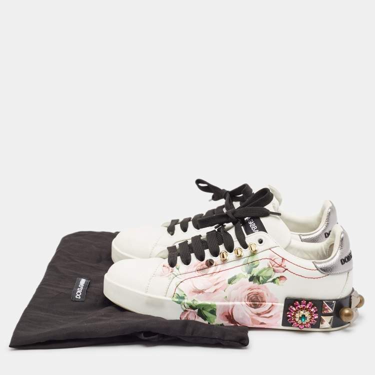Pre Owned Dolce & Gabbana White Leather Printed Appliques Sneakers Size 37