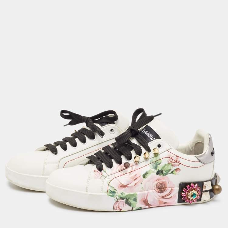 Pre Owned Dolce & Gabbana White Leather Printed Appliques Sneakers Size 37