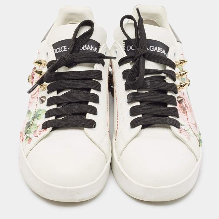 Pre Owned Dolce & Gabbana White Leather Printed Appliques Sneakers Size 37