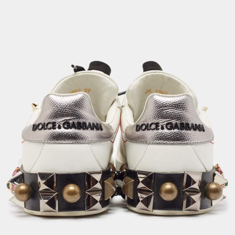 Pre Owned Dolce & Gabbana White Leather Printed Appliques Sneakers Size 37