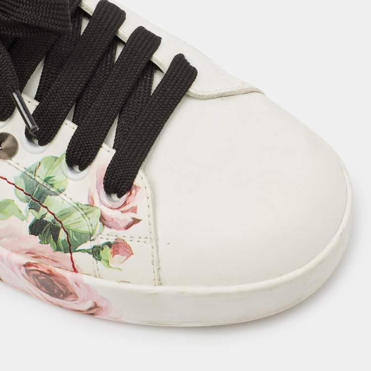 Pre Owned Dolce & Gabbana White Leather Printed Appliques Sneakers Size 37