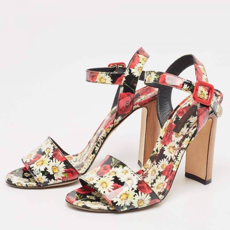Pre Owned Dolce & Gabbana Multicolor Floral Print Patent Leather Ankle Strap Sandals Size 37