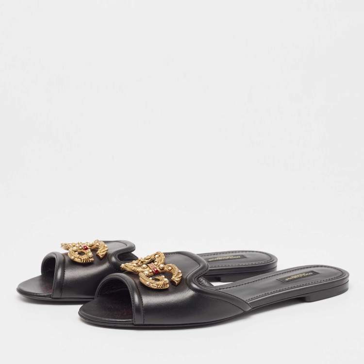 Pre Owned Dolce & Gabbana Black Leather Embellished DG Amore Flat Slides Size 41
