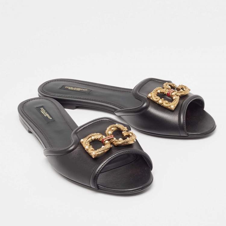 Pre Owned Dolce & Gabbana Black Leather Embellished DG Amore Flat Slides Size 41