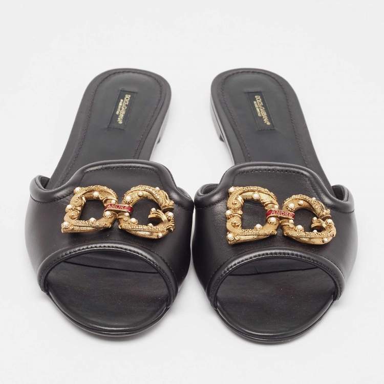 Pre Owned Dolce & Gabbana Black Leather Embellished DG Amore Flat Slides Size 41
