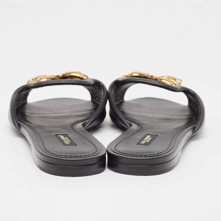 Pre Owned Dolce & Gabbana Black Leather Embellished DG Amore Flat Slides Size 41