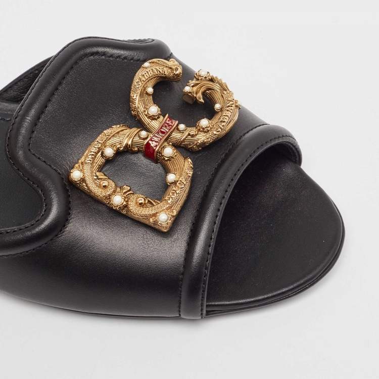 Pre Owned Dolce & Gabbana Black Leather Embellished DG Amore Flat Slides Size 41