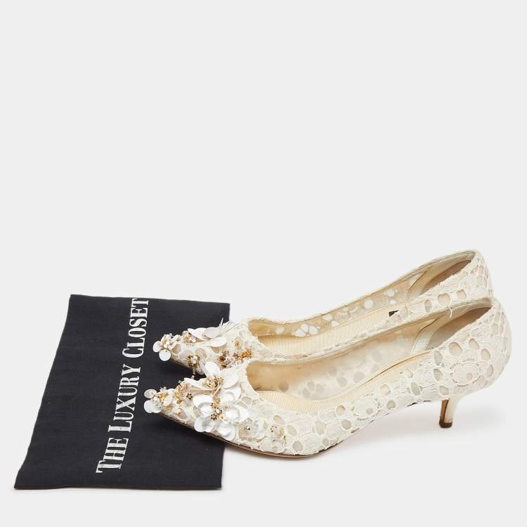 Pre Owned Dolce & Gabbana Off White Lace Sequin/Beads Embellished Bellucci Pumps Size 40.5