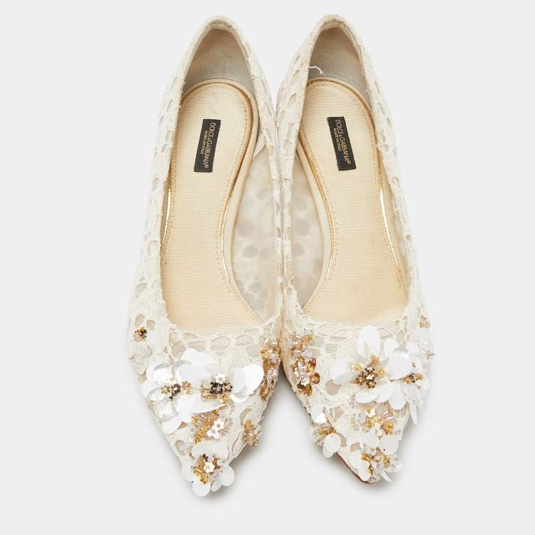 Pre Owned Dolce & Gabbana Off White Lace Sequin/Beads Embellished Bellucci Pumps Size 40.5