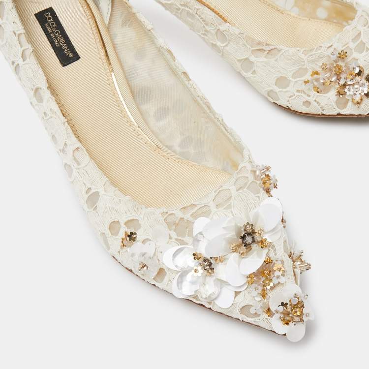 Pre Owned Dolce & Gabbana Off White Lace Sequin/Beads Embellished Bellucci Pumps Size 40.5