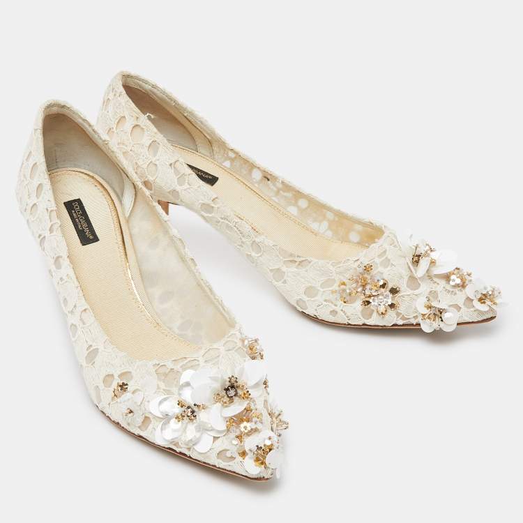 Pre Owned Dolce & Gabbana Off White Lace Sequin/Beads Embellished Bellucci Pumps Size 40.5