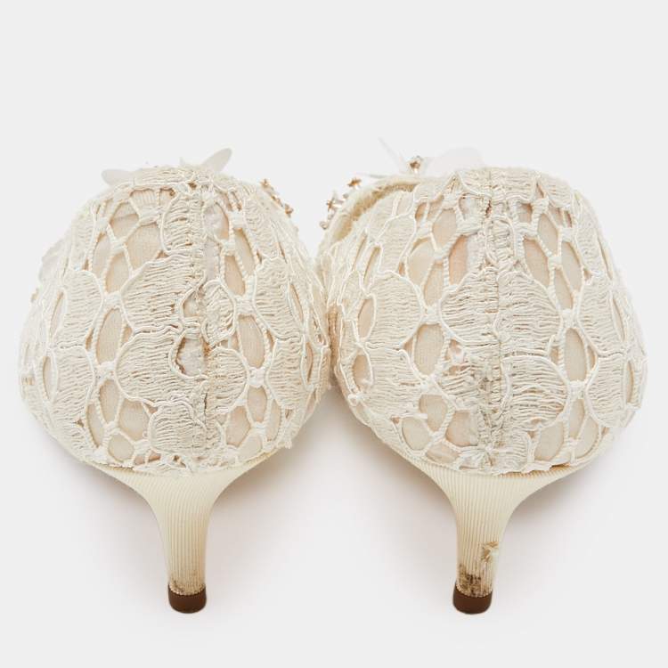 Pre Owned Dolce & Gabbana Off White Lace Sequin/Beads Embellished Bellucci Pumps Size 40.5